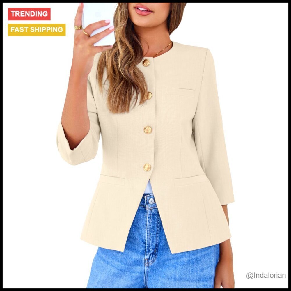 Collarless Blazer 3/4 Sleeve Business Casual Modern Fitted Work Jacket